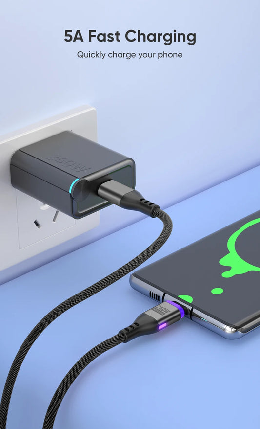 AUFU 5A Magnetic USB Type C Cable For Macbook 240W Fast Charging Magnet USB-C Charger Data Cord For iPhone Samsung Xiaomi Realme