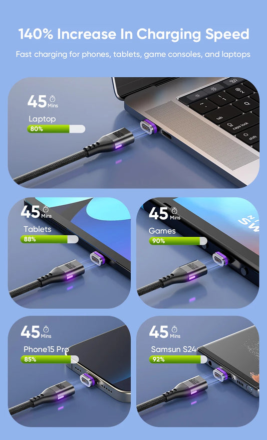 AUFU 5A Magnetic USB Type C Cable For Macbook 240W Fast Charging Magnet USB-C Charger Data Cord For iPhone Samsung Xiaomi Realme