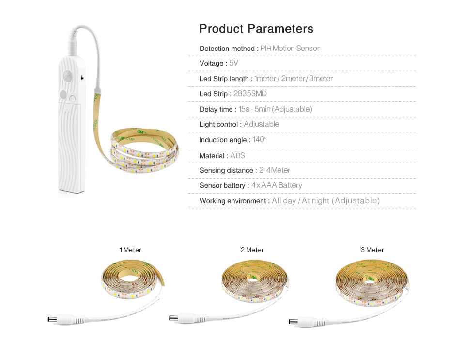 Wireless 1- 10M Motion Sensor lamp LED Strip Under Bed light Under Cabinet light Night light Closet Wardrobe Stairs Door light